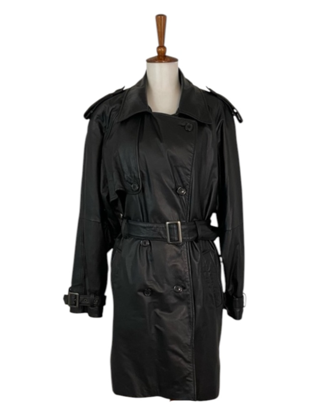 Vintage Black Leather Trench Jacket 80s 90s M Double Breasted Retro Grunge Biker